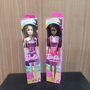 2 Barbie Dolls Straight Black Hair and Blond hair Pink Dress with Logo Print
